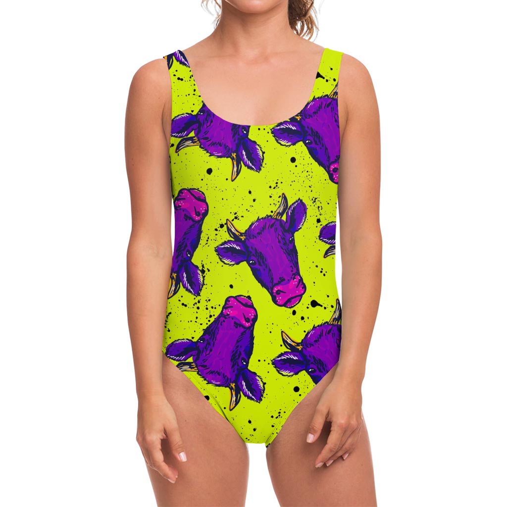 Lime Green And Purple Cow Pattern Print One Piece Swimsuit