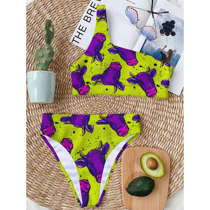 Lime Green And Purple Cow Pattern Print One Shoulder Bikini Top