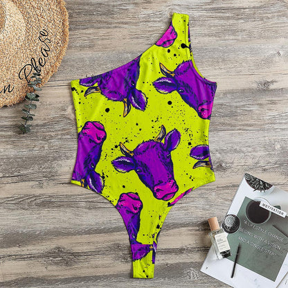 Lime Green And Purple Cow Pattern Print One Shoulder Bodysuit