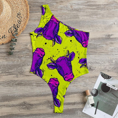Lime Green And Purple Cow Pattern Print One Shoulder Bodysuit