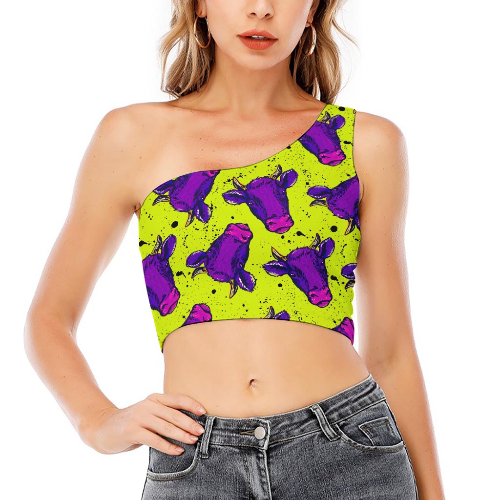 Lime Green And Purple Cow Pattern Print One Shoulder Crop Top
