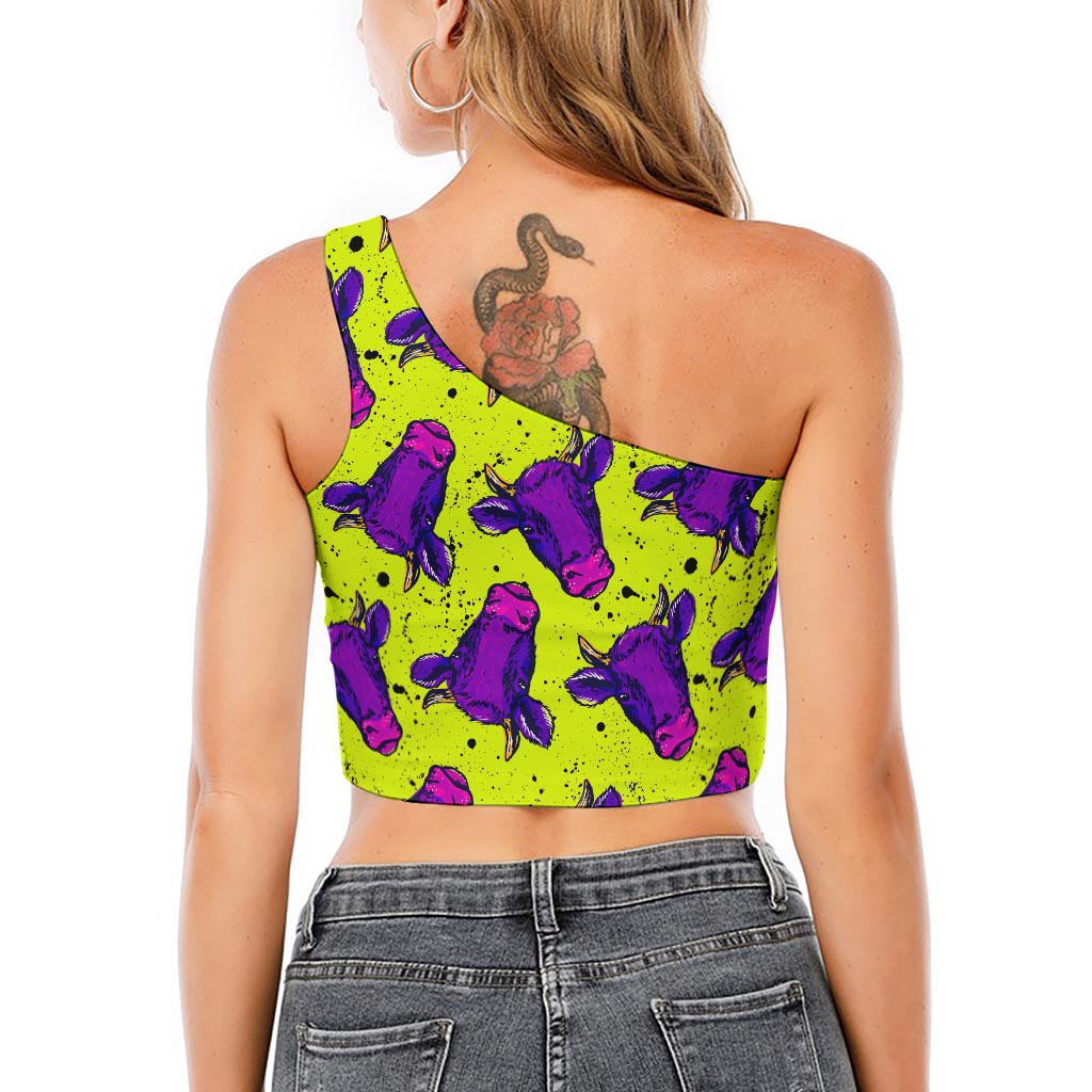 Lime Green And Purple Cow Pattern Print One Shoulder Crop Top