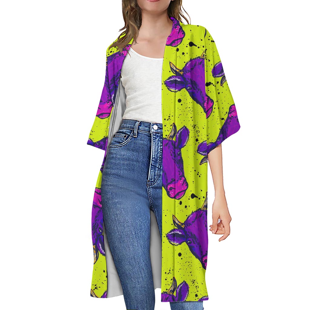 Lime Green And Purple Cow Pattern Print Open Front Beach Cover Up