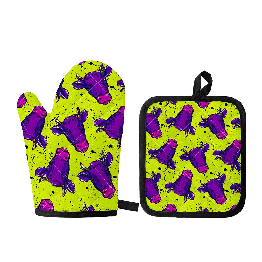 Lime Green And Purple Cow Pattern Print Oven Mitt And Pot Holder Set