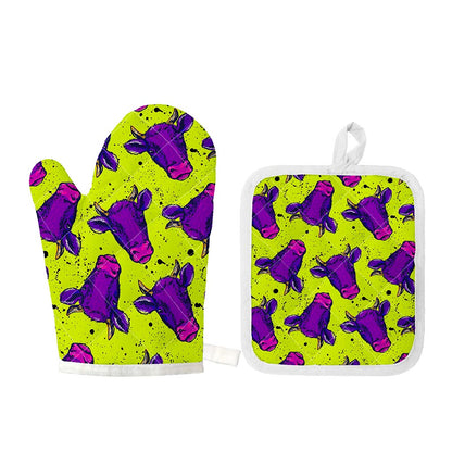 Lime Green And Purple Cow Pattern Print Oven Mitt And Pot Holder Set