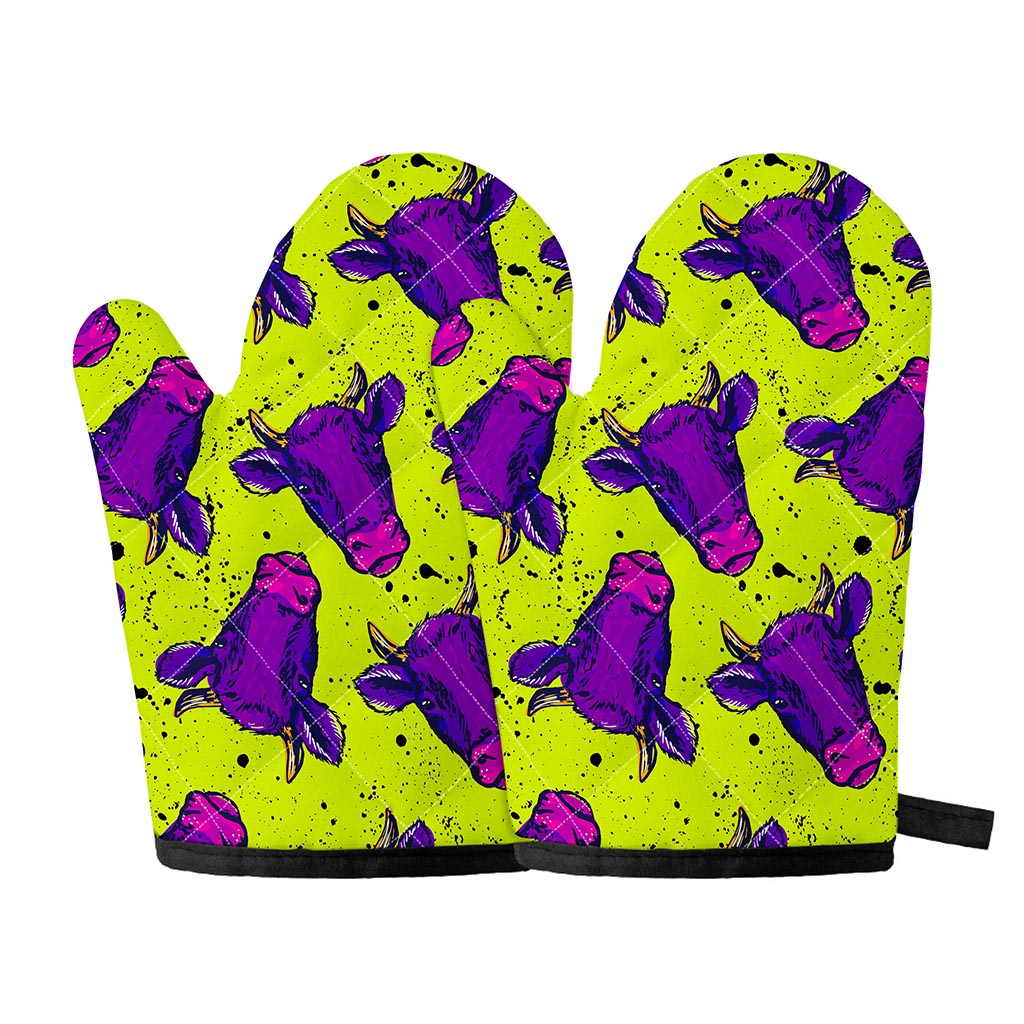 Lime Green And Purple Cow Pattern Print Oven Mitts