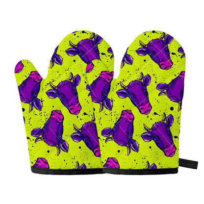 Lime Green And Purple Cow Pattern Print Oven Mitts