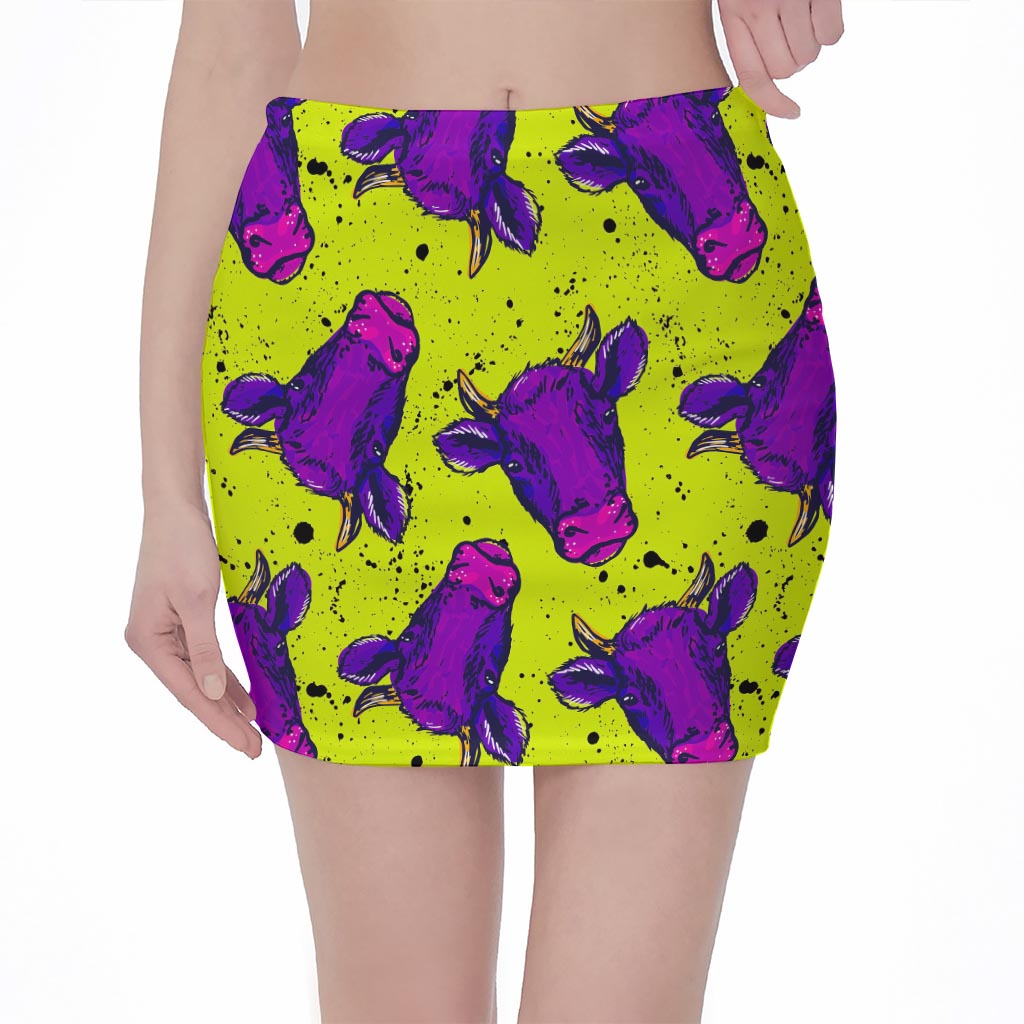 Lime Green And Purple Cow Pattern Print Pencil Mini Skirt
