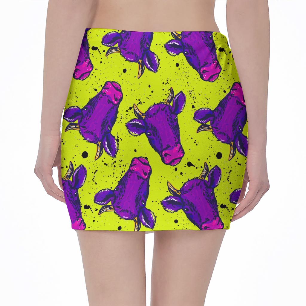 Lime Green And Purple Cow Pattern Print Pencil Mini Skirt
