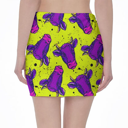 Lime Green And Purple Cow Pattern Print Pencil Mini Skirt