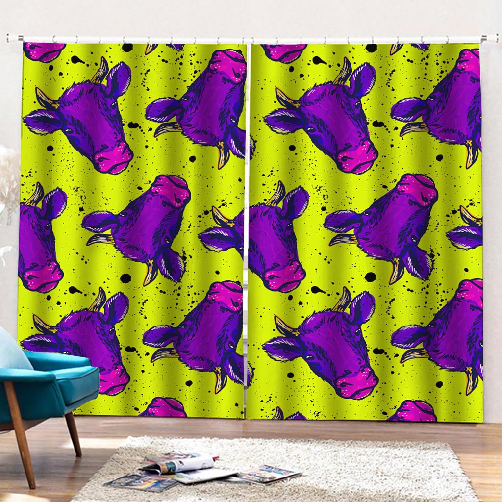 Lime Green And Purple Cow Pattern Print Pencil Pleat Curtains
