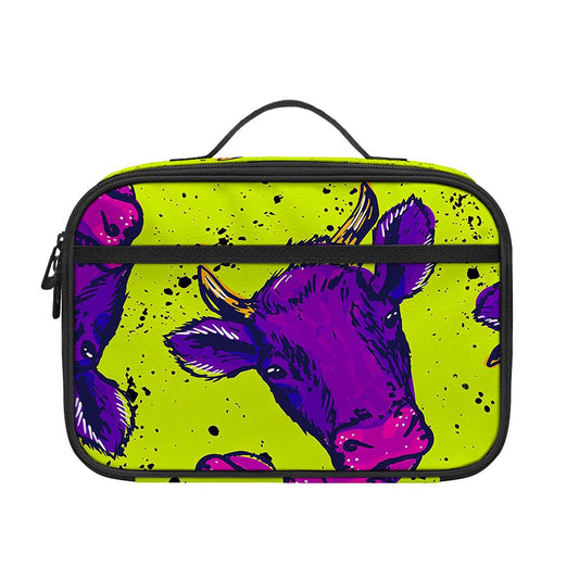 Lime Green And Purple Cow Pattern Print Portable Lunch Bag