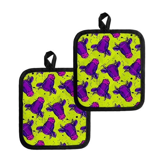 Lime Green And Purple Cow Pattern Print Pot Holders