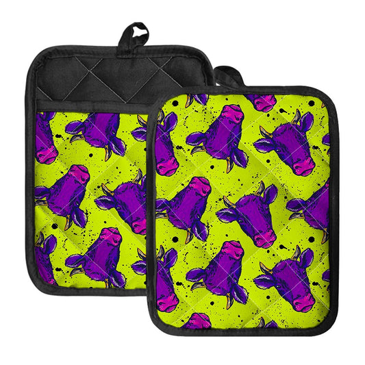 Lime Green And Purple Cow Pattern Print Pot Holders With Pocket