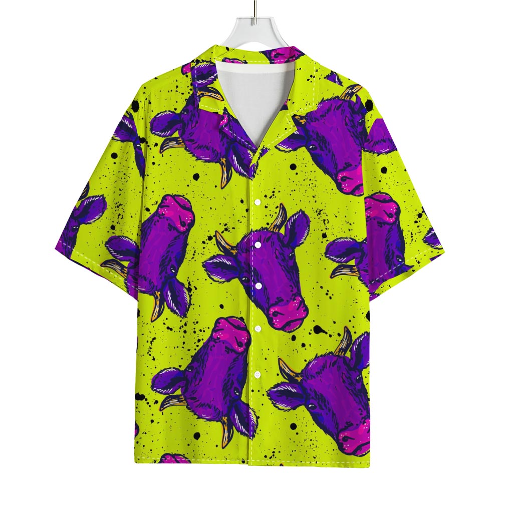 Lime Green And Purple Cow Pattern Print Rayon Hawaiian Shirt