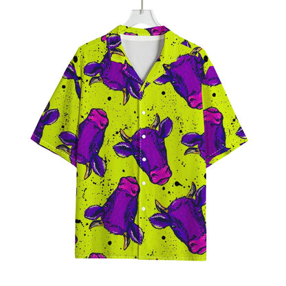 Lime Green And Purple Cow Pattern Print Rayon Hawaiian Shirt