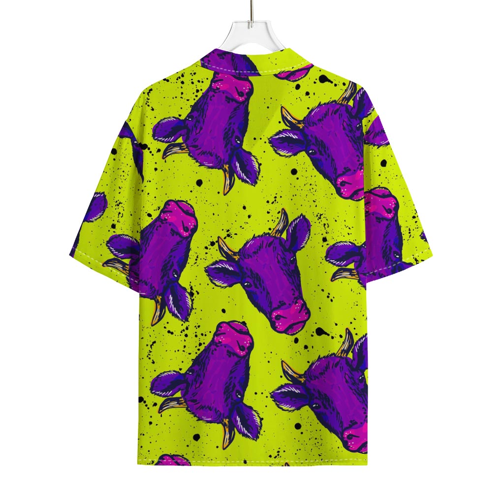 Lime Green And Purple Cow Pattern Print Rayon Hawaiian Shirt