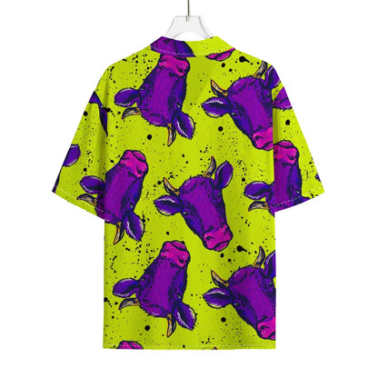 Lime Green And Purple Cow Pattern Print Rayon Hawaiian Shirt