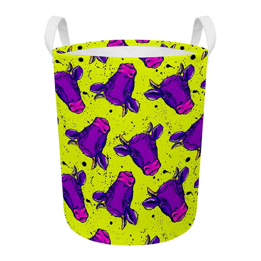 Lime Green And Purple Cow Pattern Print Round Laundry Basket