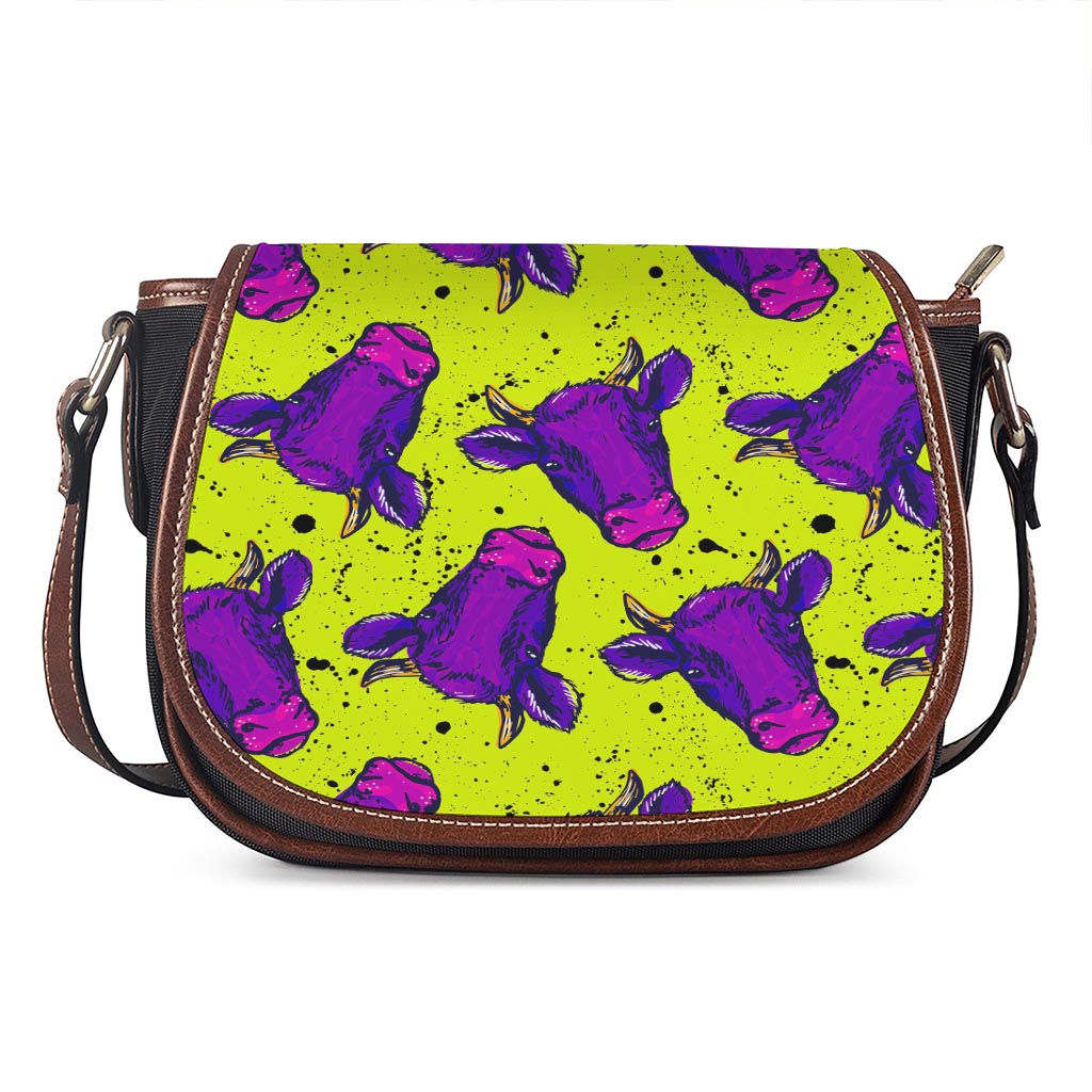 Lime Green And Purple Cow Pattern Print Saddle Bag