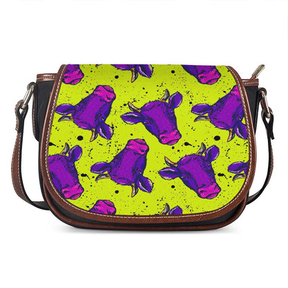 Lime Green And Purple Cow Pattern Print Saddle Bag