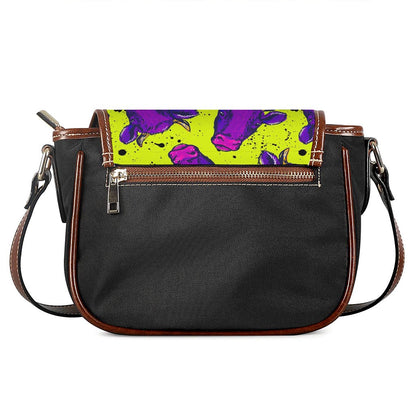 Lime Green And Purple Cow Pattern Print Saddle Bag