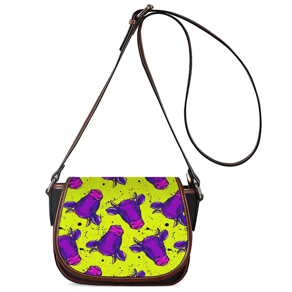 Lime Green And Purple Cow Pattern Print Saddle Bag