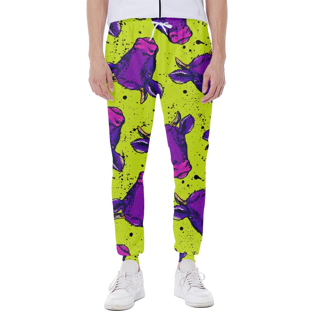 Lime Green And Purple Cow Pattern Print Scuba Joggers