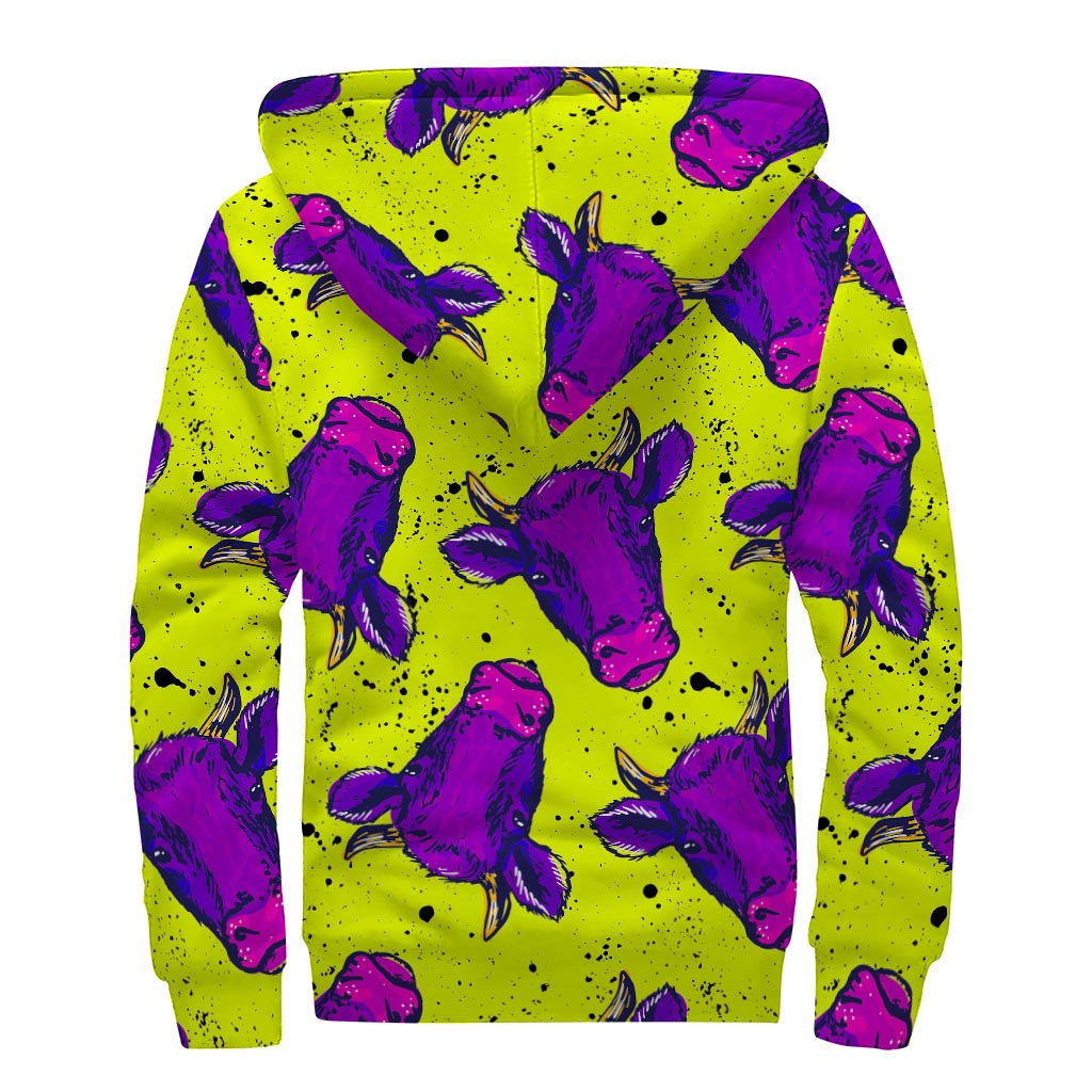 Lime Green And Purple Cow Pattern Print Sherpa Lined Zip Up Hoodie