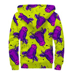 Lime Green And Purple Cow Pattern Print Sherpa Lined Zip Up Hoodie