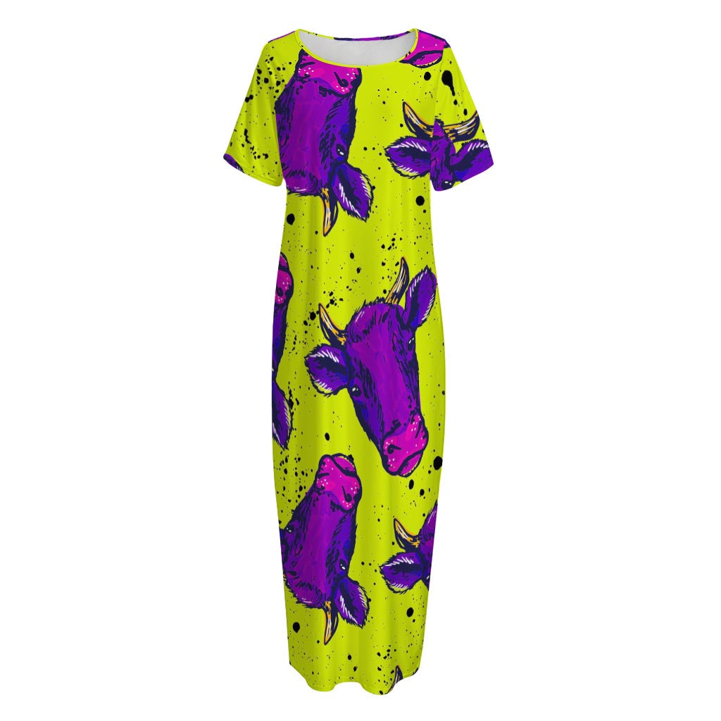 Lime Green And Purple Cow Pattern Print Short Sleeve Long Nightdress