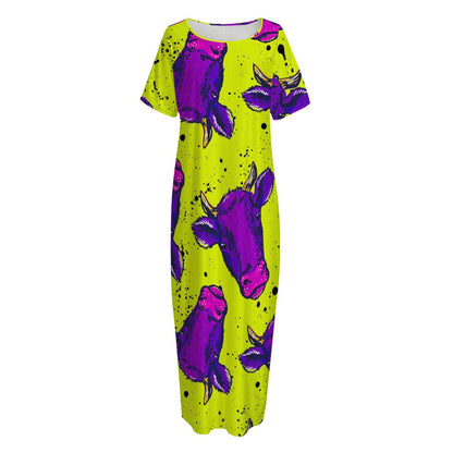 Lime Green And Purple Cow Pattern Print Short Sleeve Long Nightdress