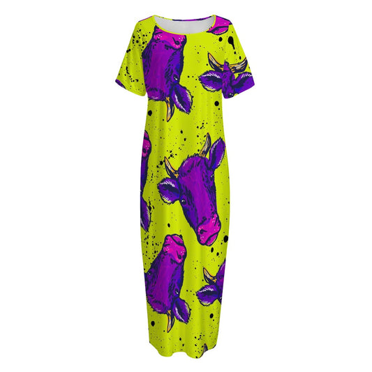 Lime Green And Purple Cow Pattern Print Short Sleeve Long Nightdress