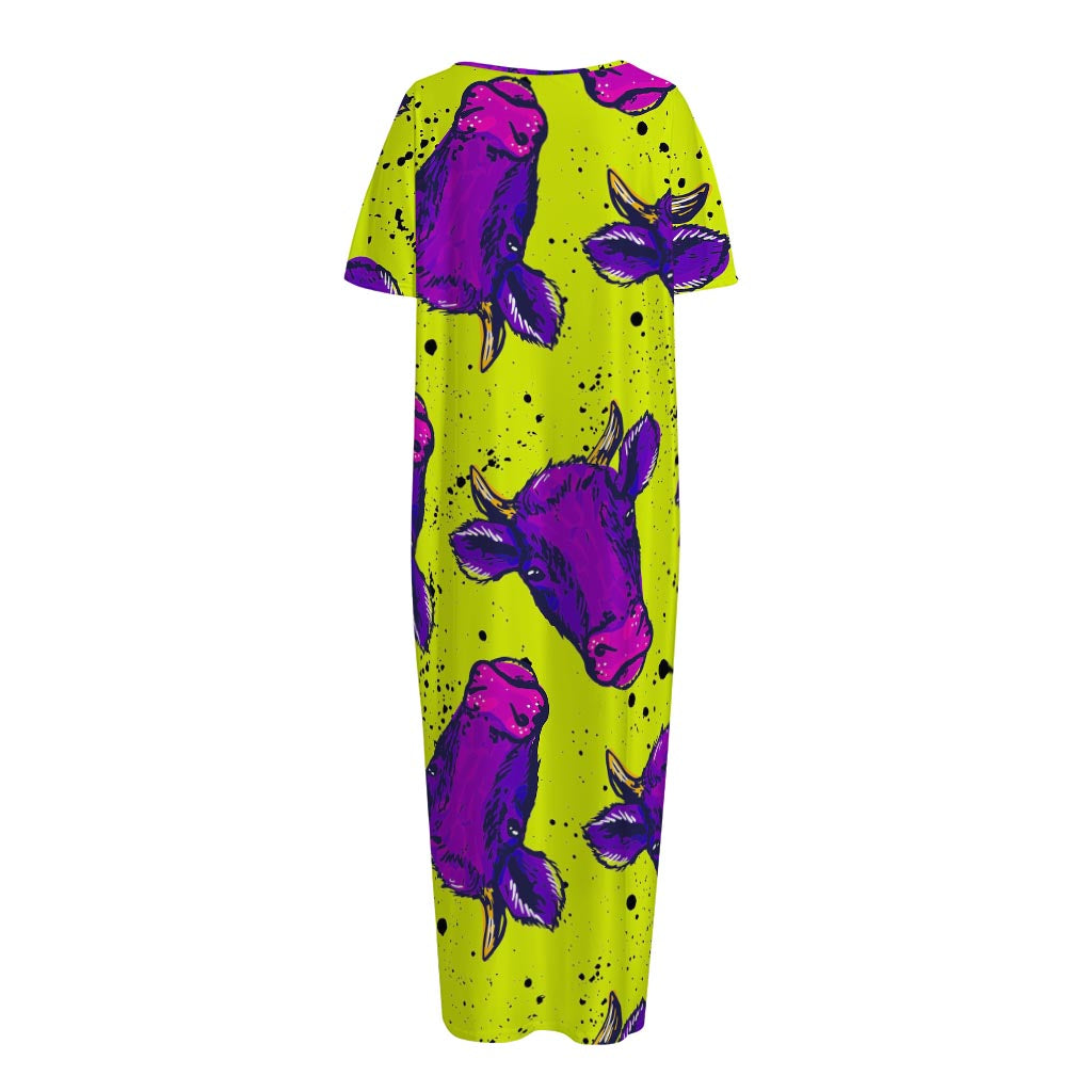 Lime Green And Purple Cow Pattern Print Short Sleeve Long Nightdress