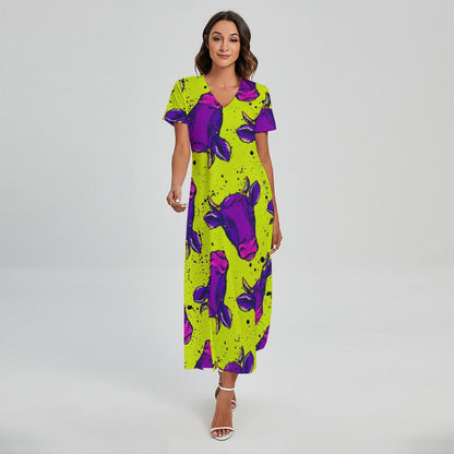 Lime Green And Purple Cow Pattern Print Short Sleeve Maxi Dress
