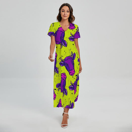 Lime Green And Purple Cow Pattern Print Short Sleeve Maxi Dress