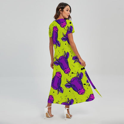 Lime Green And Purple Cow Pattern Print Short Sleeve Maxi Dress