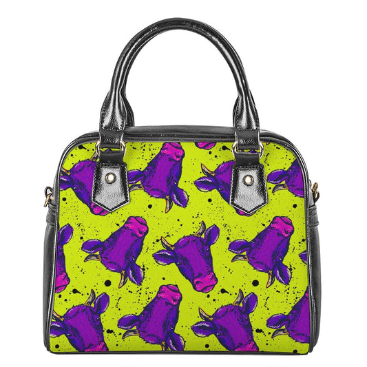 Lime Green And Purple Cow Pattern Print Shoulder Handbag