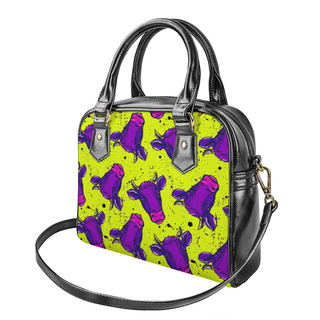 Lime Green And Purple Cow Pattern Print Shoulder Handbag