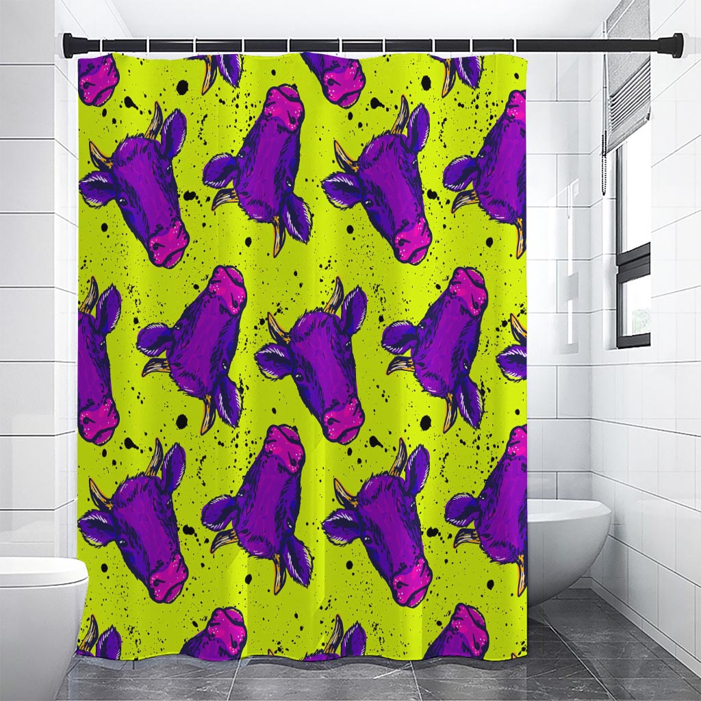 Lime Green And Purple Cow Pattern Print Shower Curtain