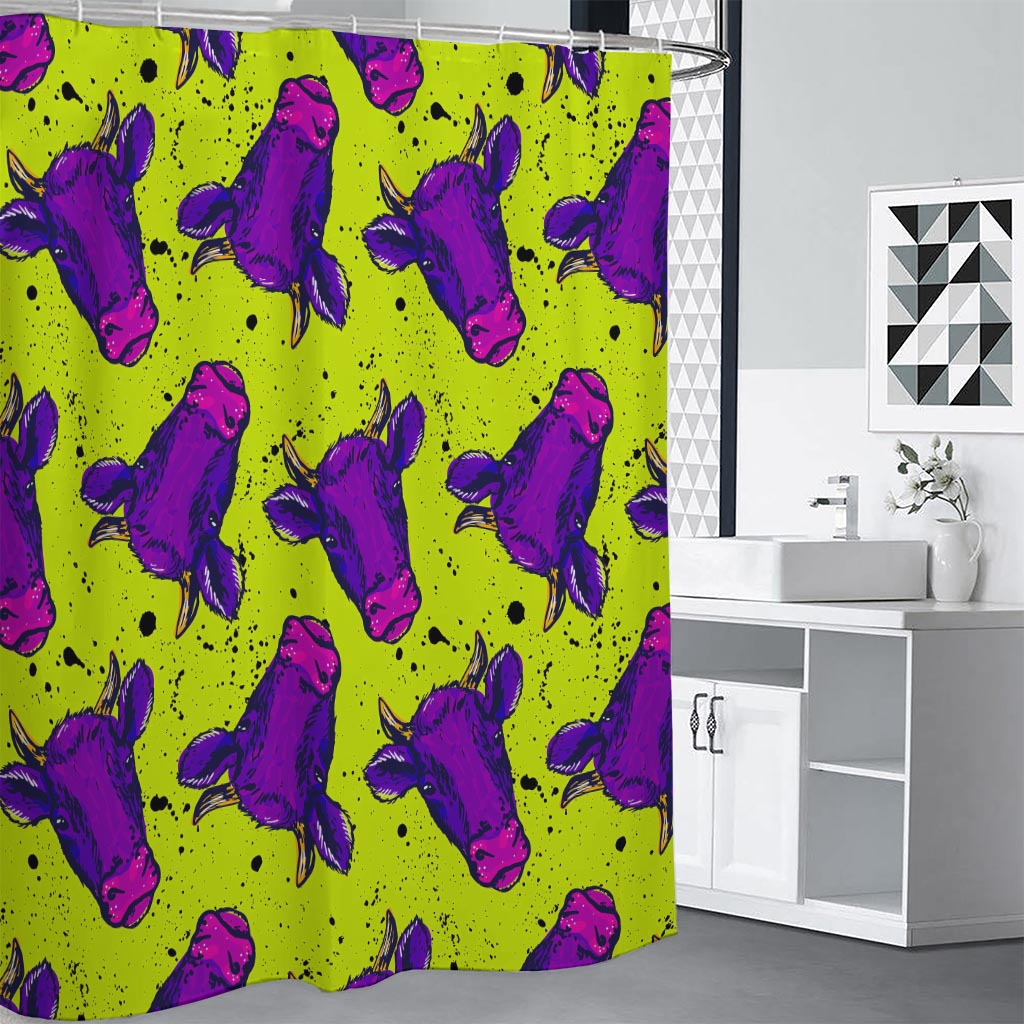 Lime Green And Purple Cow Pattern Print Shower Curtain