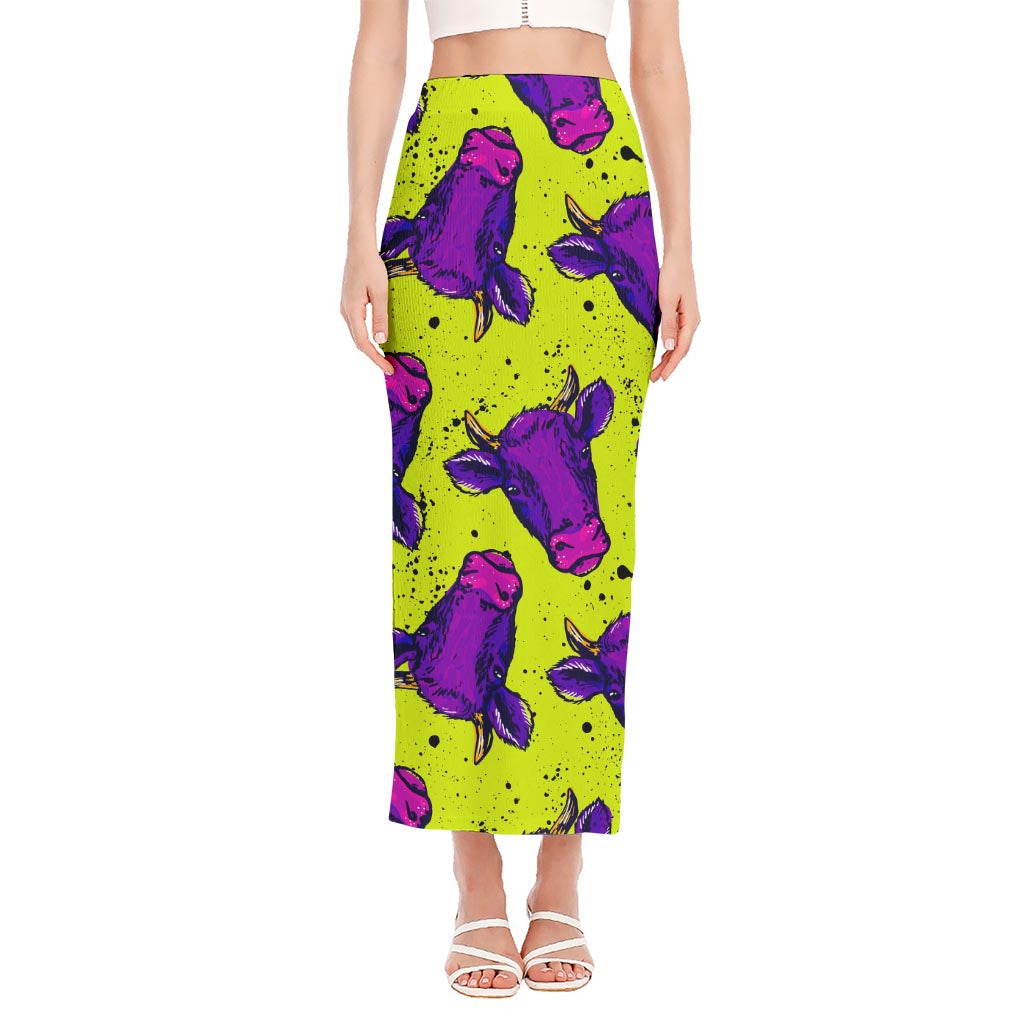 Lime Green And Purple Cow Pattern Print Side Slit Maxi Skirt