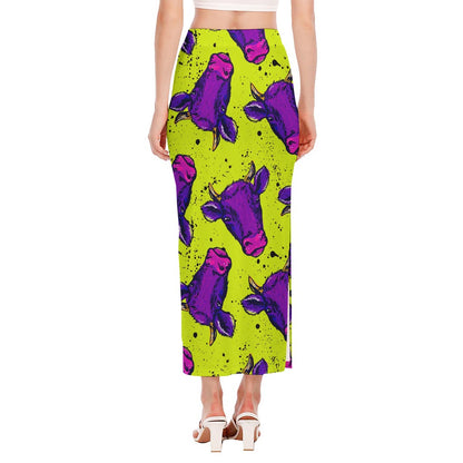 Lime Green And Purple Cow Pattern Print Side Slit Maxi Skirt