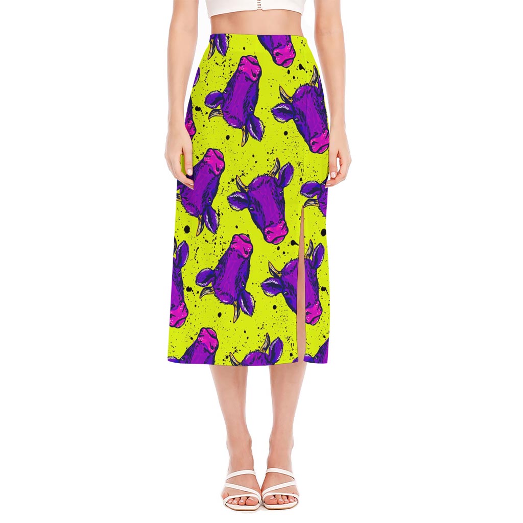 Lime Green And Purple Cow Pattern Print Side Slit Midi Skirt