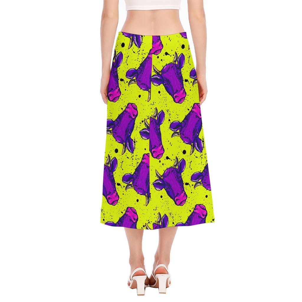 Lime Green And Purple Cow Pattern Print Side Slit Midi Skirt