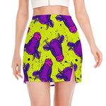 Lime Green And Purple Cow Pattern Print Side Slit Mini Skirt