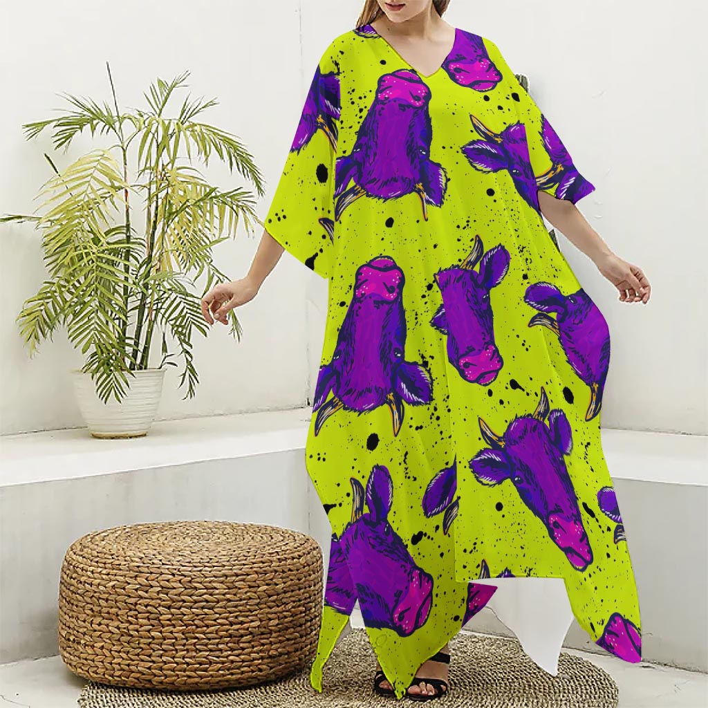 Lime Green And Purple Cow Pattern Print Silk V-Neck Kaftan Dress