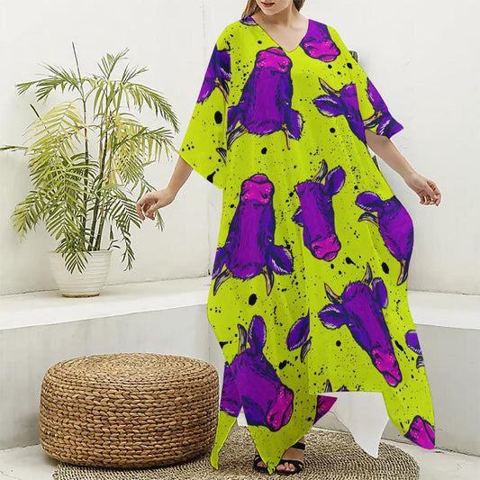 Lime Green And Purple Cow Pattern Print Silk V-Neck Kaftan Dress