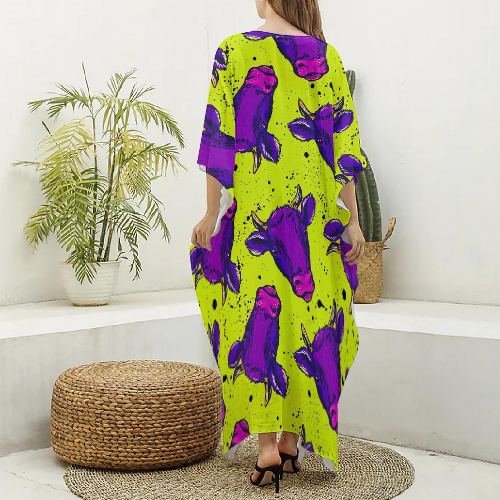 Lime Green And Purple Cow Pattern Print Silk V-Neck Kaftan Dress