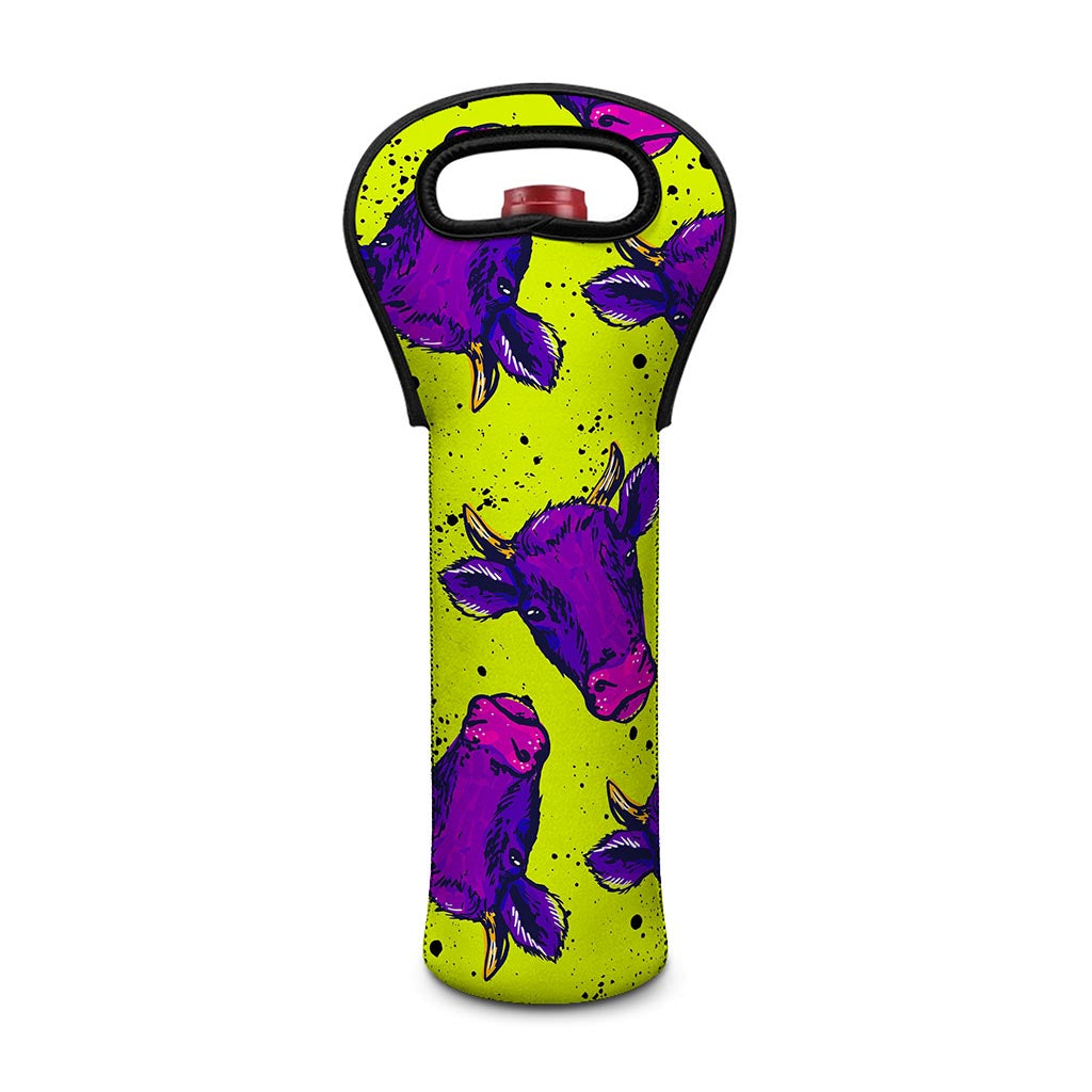 Lime Green And Purple Cow Pattern Print Single Neoprene Wine Tote